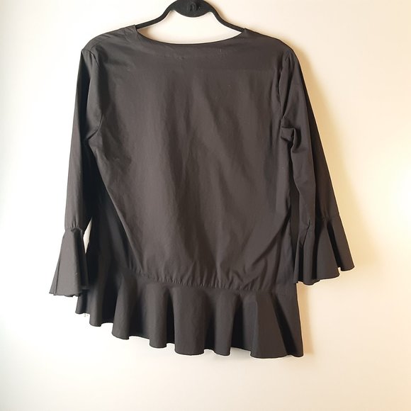 Kaktus Black Cotton Asymmetrical Ruffle V-neck Peplum Blouse - Picture 8 of 14